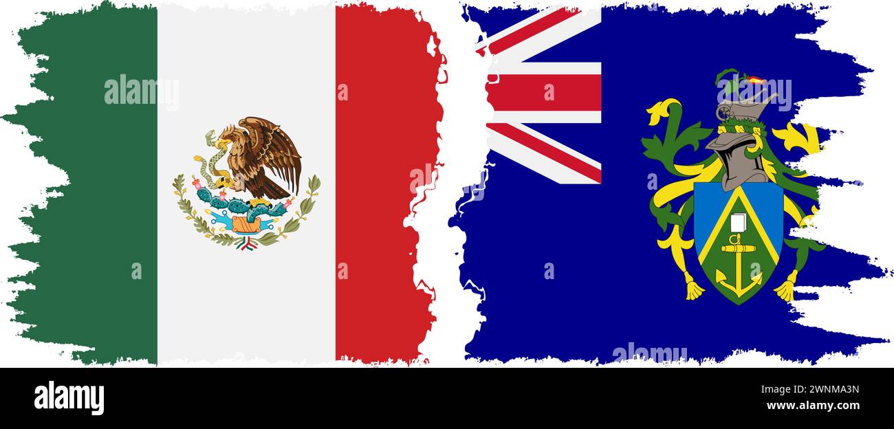 Pitcairn Islands and Mexico grunge flags connection, vector Stock Vector