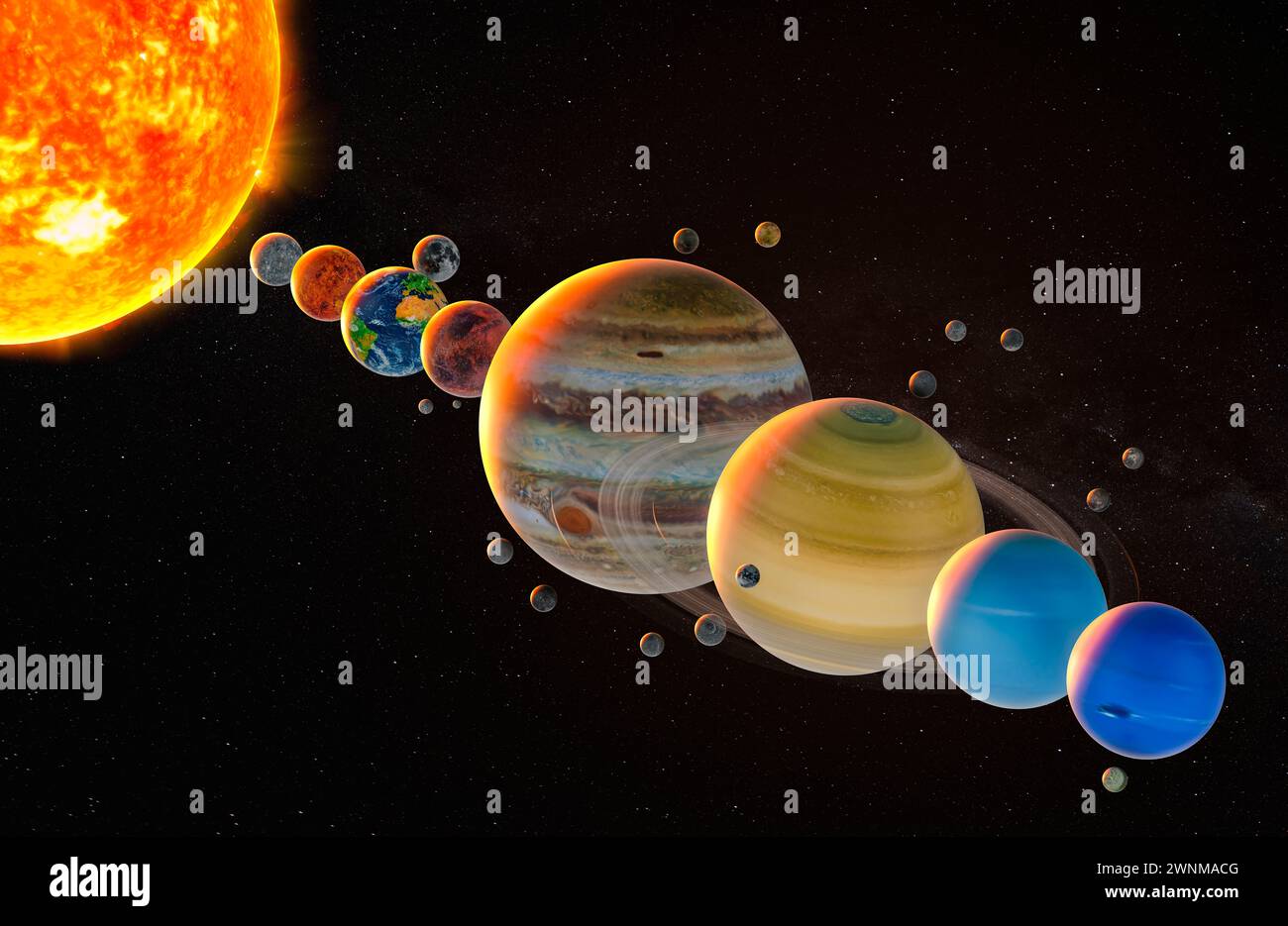 Planets of the solar system, view in space. 3D rendering Stock Photo ...