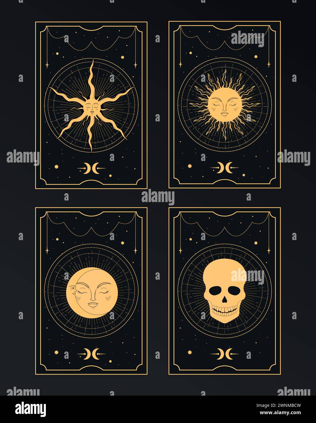 Set of Golden Tarot cards with magical Sun, Moon, Star and Death symbols. Mystery, astrology, esoteric. Vector illustration Stock Vector