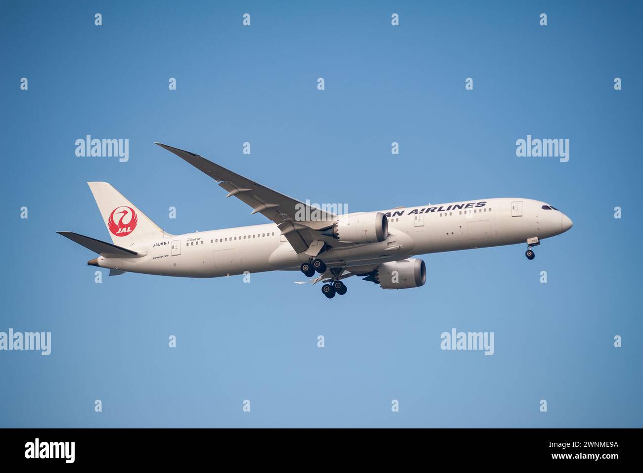 26.07.2023, Singapore, Republic of Singapore, Asia - Boeing 787-9 Dreamliner passenger jet of Japanese airline Japan Airlines JAL in flight. Stock Photo