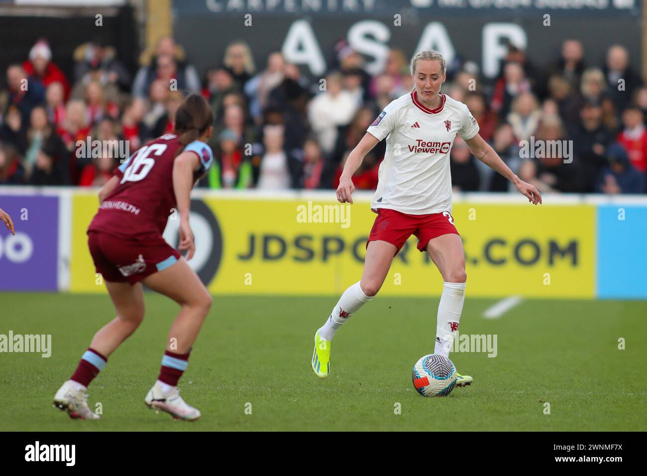 London, England. 3 March, 2024.  Millie Turner of Manchester United in action during the Women's Super League match between West Ham United and Manchester United at the Chigwell Construction Stadium Credit: Alexander Canillas/Alamy Live News Stock Photo