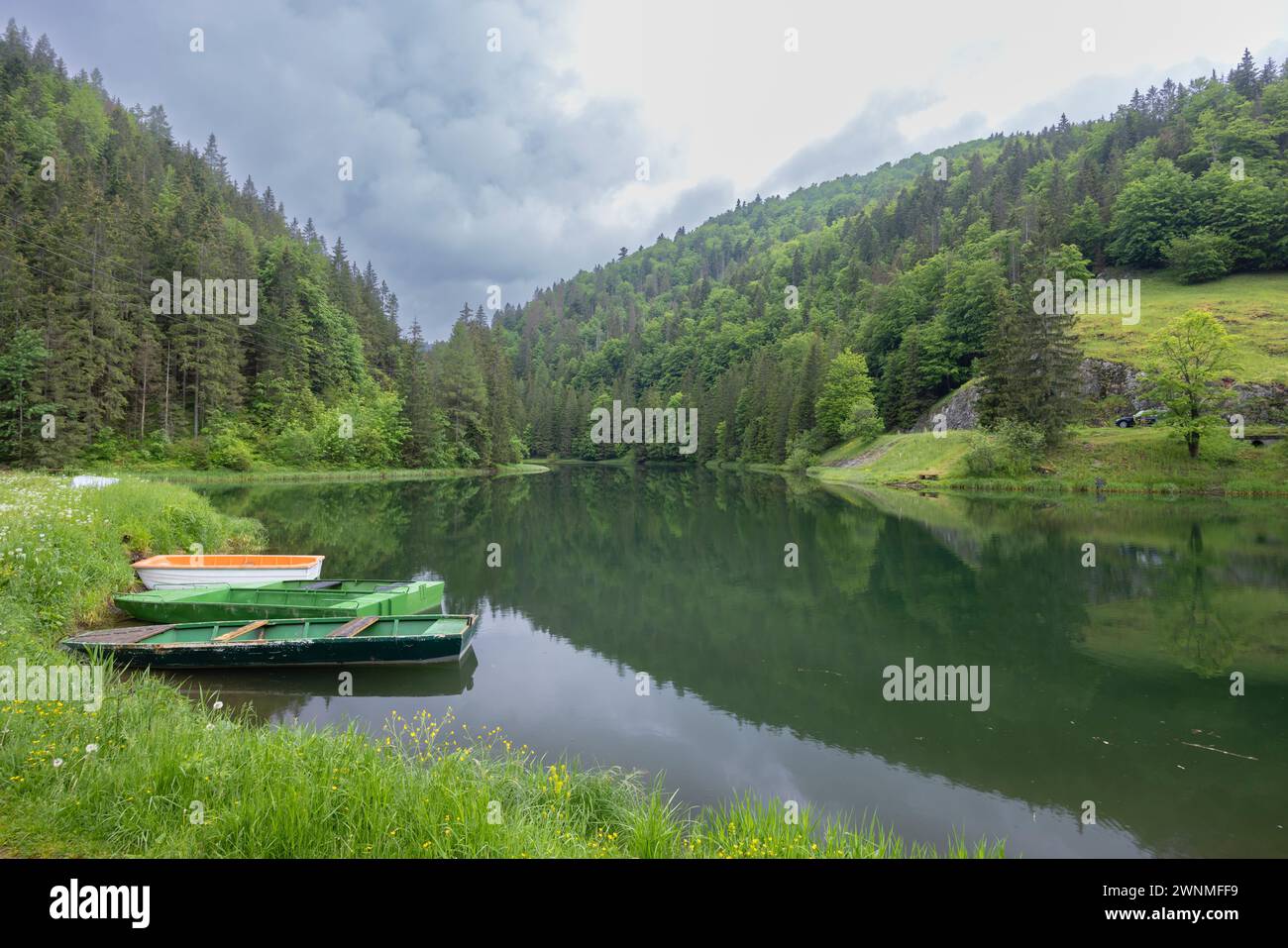 Landscape near Dedinky and Stratena with Hnilec river, National Park Slovak Paradise, Slovakia Stock Photo