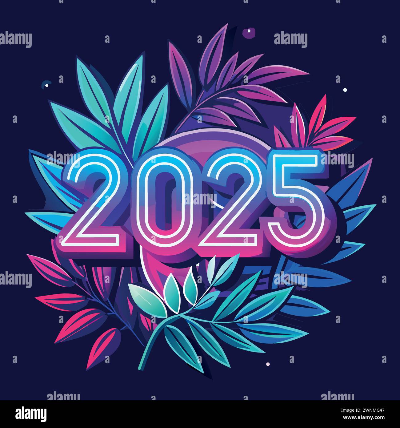 A colorful graphic of a leafy plant with the number 2025 in neon green