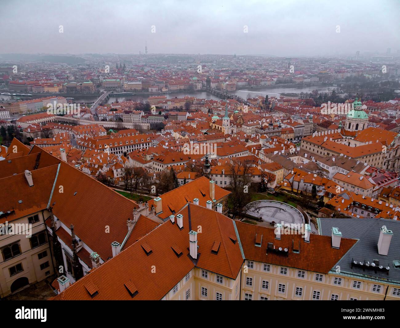Panoramic view of the city of Prague, Czech Republic. Scenic landmark, historical city, old town. European city with a river. Medival and gothic archi Stock Photo