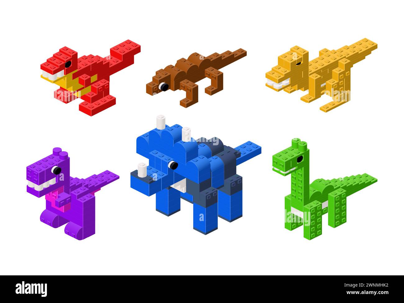 Set of toy dinosaurs in isometry. Vector Stock Vector