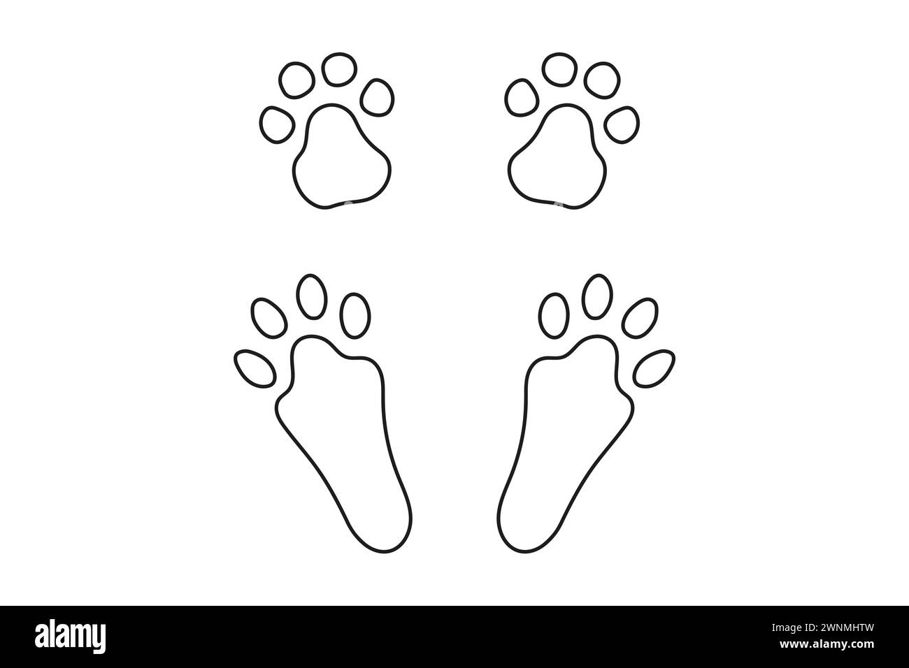Rabbit or hare paw footprints. Paw prints of Easter Bunny. Black outline isolated on white background. Concept of animal tracks. Icon, symbol, print, Stock Vector