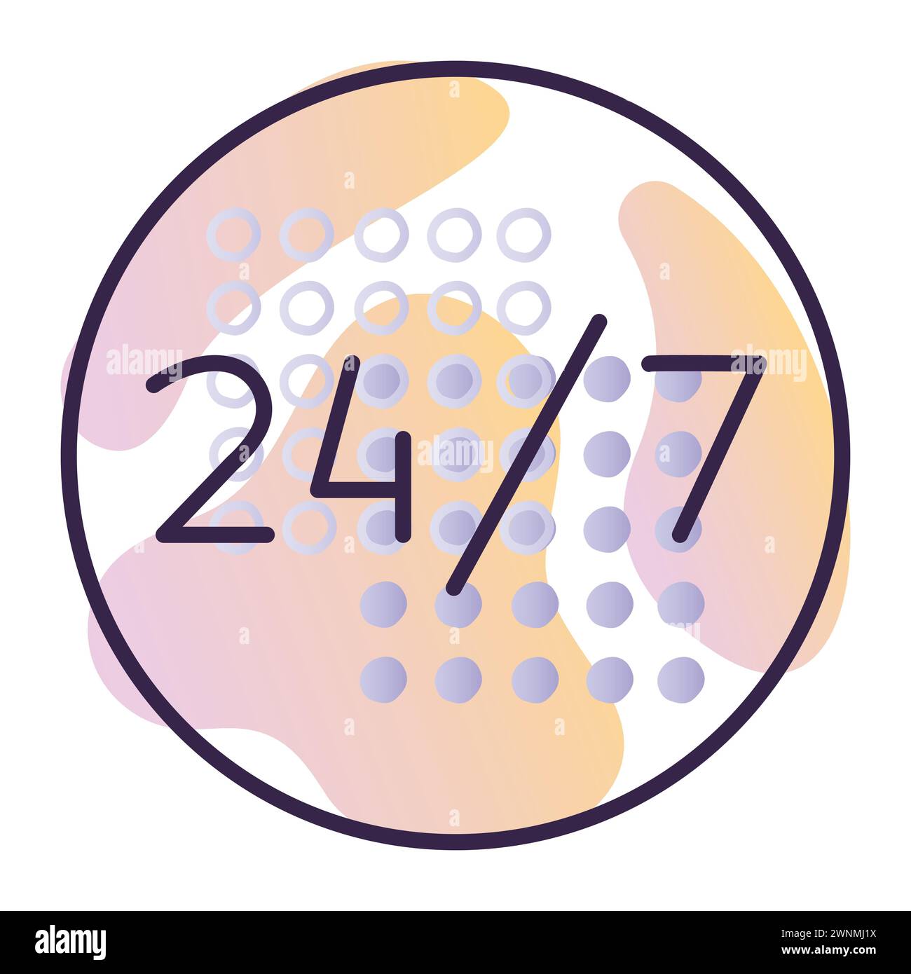 24 hour round the clock work, dark blue line vector icon with gradient background Stock Vector