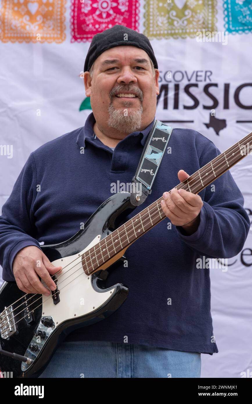 Guitar player for The Night Howlers on stage at the Winter Texan Fiesta 2024 in the Rio Grande Valley, Mission, Hidalgo, Texas, USA. Stock Photo