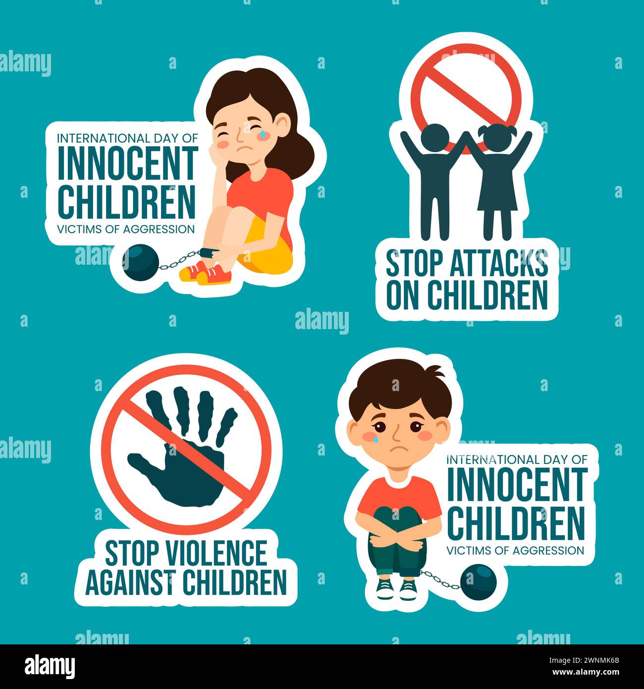 Innocent Children Victims of Aggression Label Cartoon Hand Drawn Templates Background Illustration Stock Vector