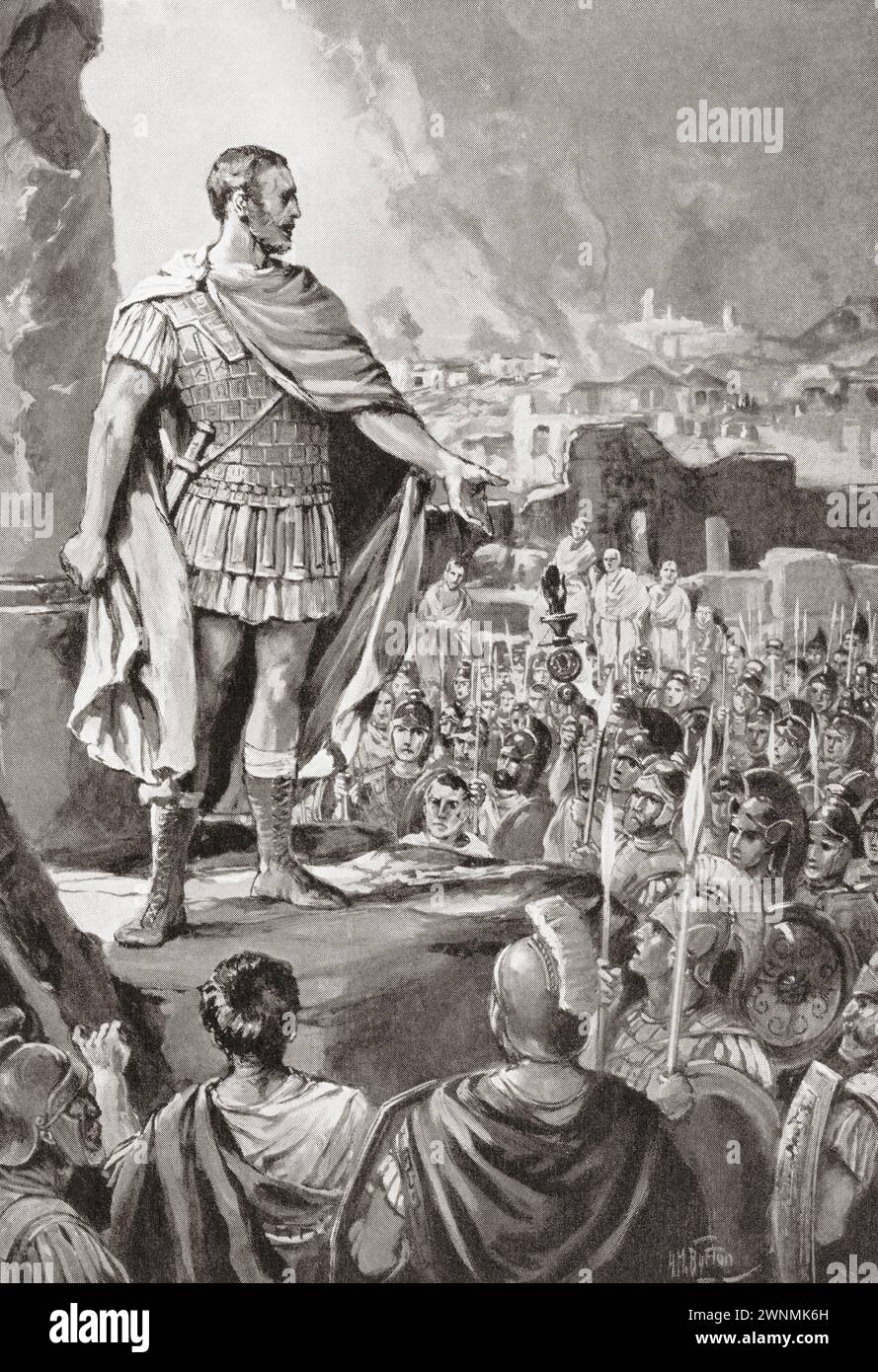 The first secessio plebis of 494 B.C. in ancient Rome. A dispute between the patrician ruling class and the plebeian underclass sparked by discontent about the burden of debt on the poorer plebeian class. Stock Photo
