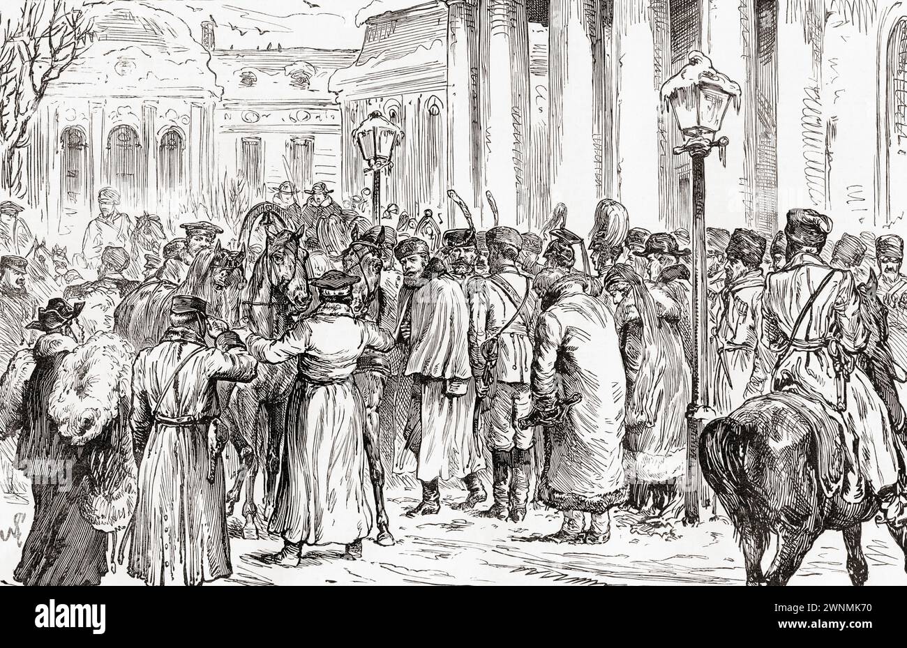 The attempted assassination of Tsar Alexander III, outside the Citadel Church, Saint Petersburg, Russia, 1887.  From The London Illustrated News, published March 26, 1887. Stock Photo