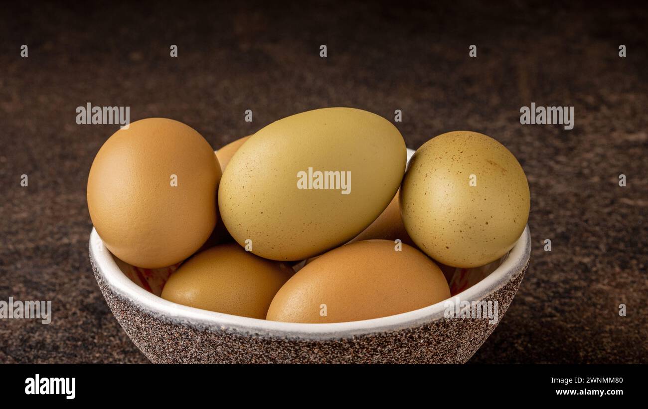 Close-up shot of a collection of rare chicken eggs with unique grey-green shells, highlighting the surprising diversity of poultry produce found in na Stock Photo