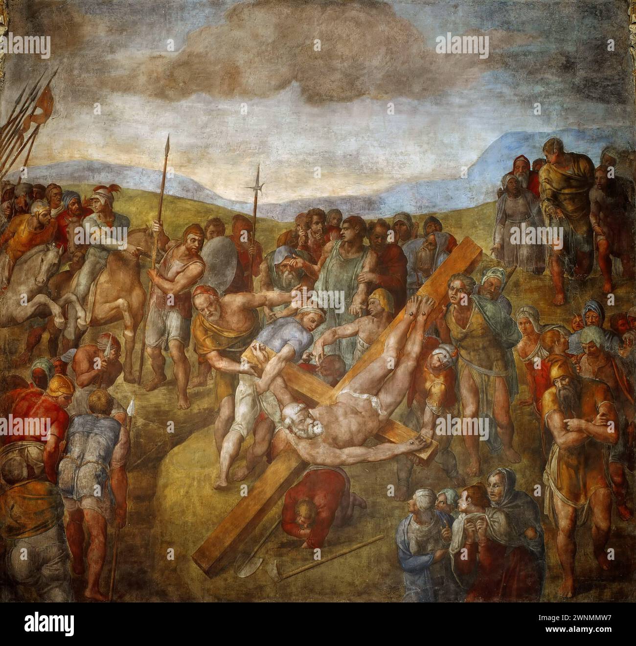 Michelangelo Buonarroti – Crucifixion of Saint Peter 1545-50. 620x670. Pauline Chapel Stock Photo