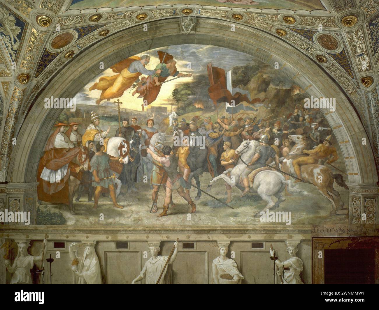 The Meeting of Leo I and Attila is a fresco by the Italian Renaissance artist Raphael. It was painted from 1513 to 1514 ,  Stanze di Raffaello, in the Apostolic Palace in the Vatican. It is located in the Stanza di Eliodoro, which is named after The Expulsion of Heliodorus from the Temple. Stock Photo
