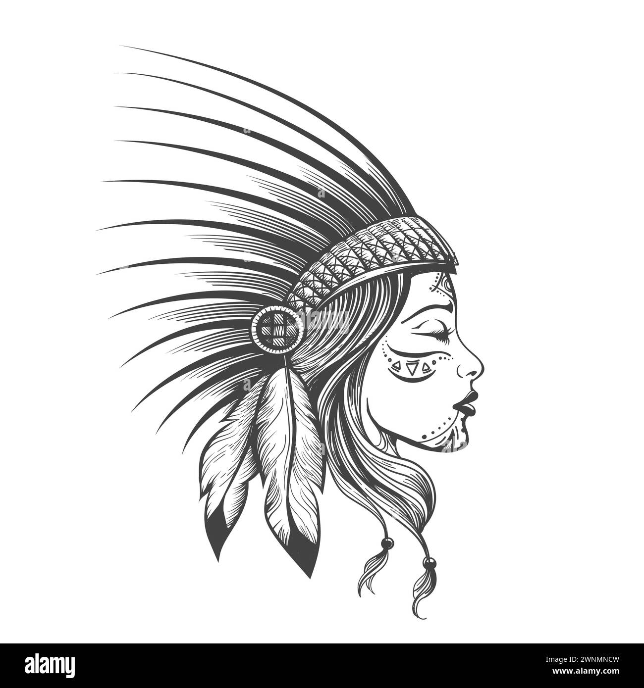 Hand drawn indian girl in feathers war bonnet and warrior makeup isolated on white Vector illustration.No AI was used. Stock Vector