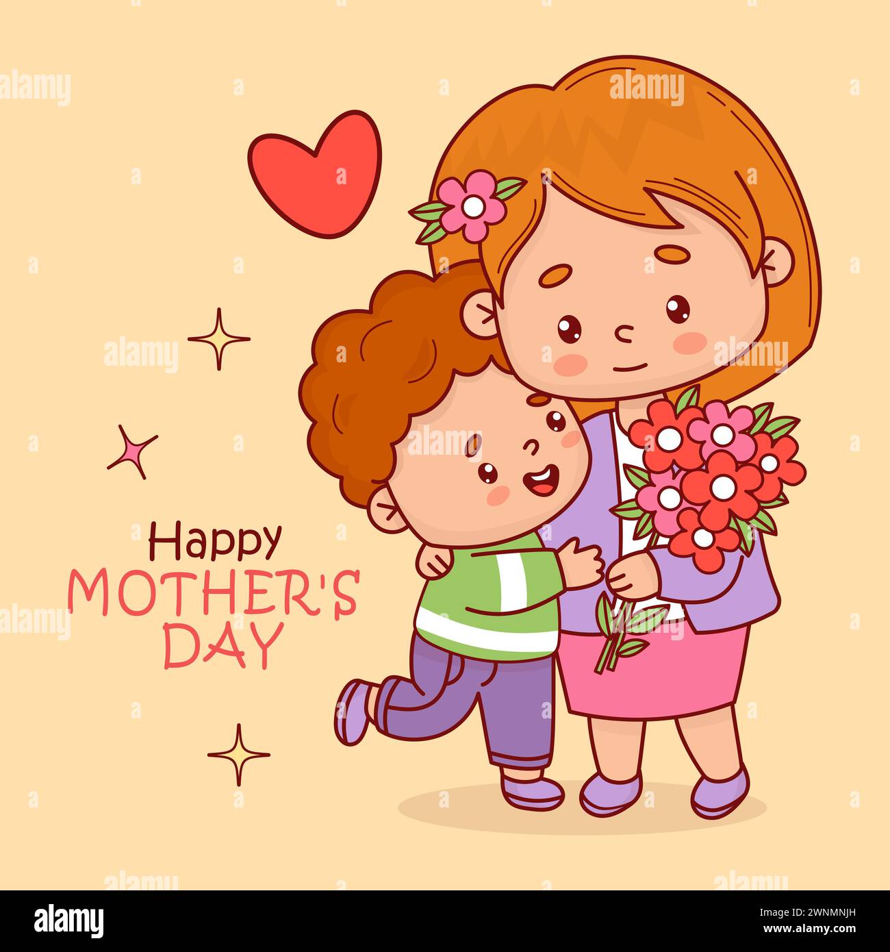 Mother's Day card. Cute woman with her boy son and bouquet flowers. Vector illustration flat cartoon style kawaii. Positive festive female character. Stock Vector