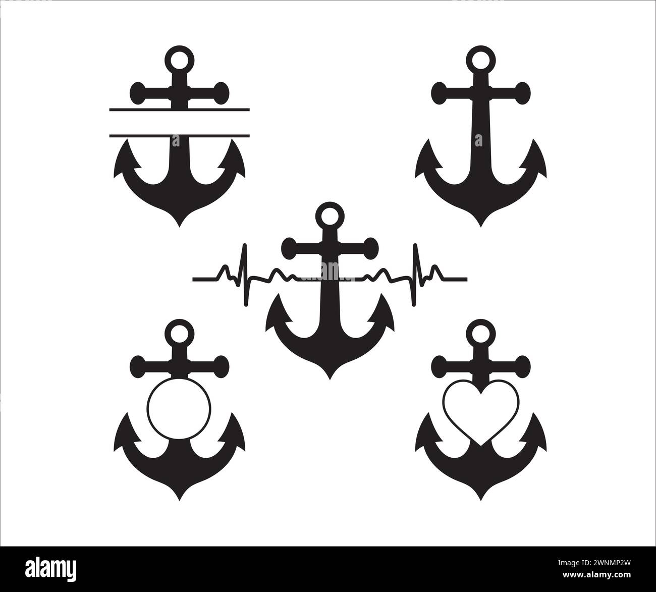 Boat Anchor, Anchor Monogram, Anchor SVG, Anchor Silhouette, Anchor Heartbeat Vector, Split Boat Anchor, Nautical, Anchor Stock Vector