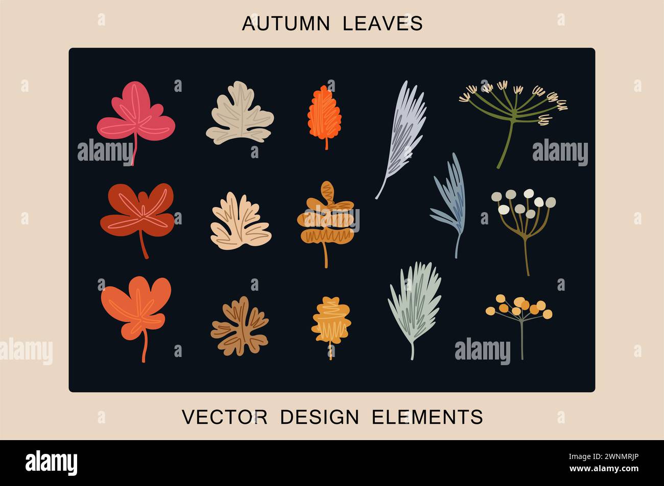 Set of hand drawn autumn leaves and plants. Abstract minimal style. Trendy drawing. Vector graphics Stock Vector