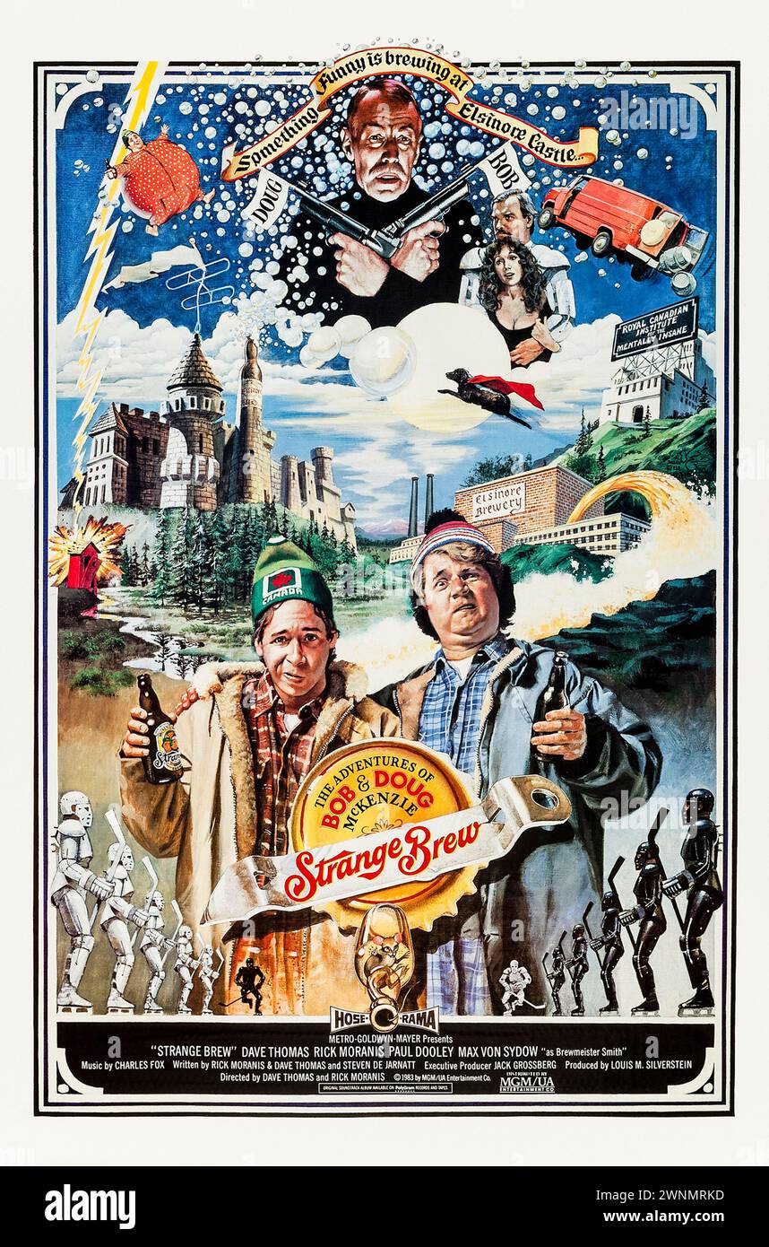 Strange Brew (1983) directed by Renny Harlin and starring Rick Moranis, Dave Thomas and Max von Sydow. Canada's most famous hosers, Bob and Doug McKenzie, get jobs at the Elsinore Brewery, only to learn that something is rotten with the state of it. Photograph of an original 1983 US one sheet poster featuring artwork by John Solie ***EDITORIAL USE ONLY***. Credit: BFA / Private Collection / MGM/UA Entertainment Company Stock Photo