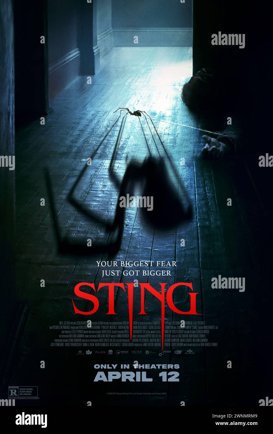 Sting (2024) directed by Kiah Roache-Turner and starring Alyla Browne, Penelope Mitchell and Ryan Corr. A family fight for survival when their 12 year old daughter's pet spider transforms into a giant flesh-eating monster. US one sheet poster ***EDITORIAL USE ONLY***. Credit: BFA / Well Go USA Entertainment Stock Photo