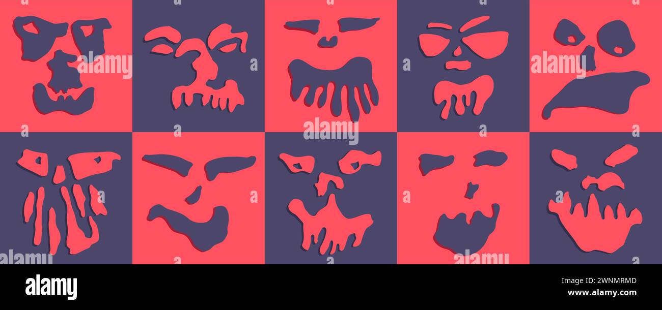 Halloween monsters set. Abstract minimalistic illustration. Hand-drawn surreal faces. Trendy aesthetic vector graphics Stock Vector