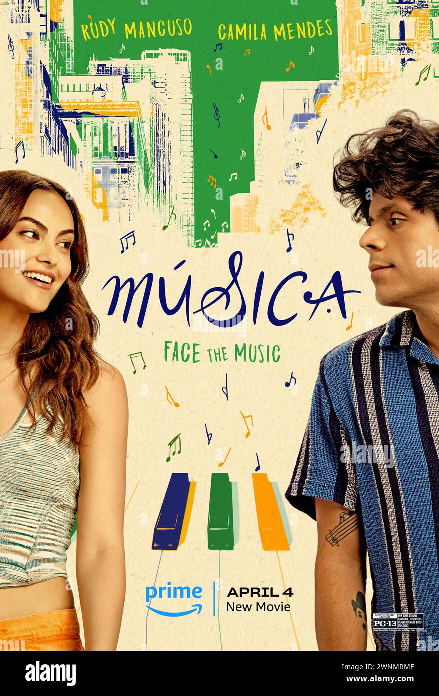 Música (2024) directed by Rudy Mancuso and starring Rudy Mancuso, Camila Mendes and Francesca Reale. A young man, plagued by the music in his head, has to come to terms with an uncertain future while balancing love, family and Brazilian culture in Newark, New Jersey. US poster ***EDITORIAL USE ONLY***. Credit: BFA / Amazon Prime Video Stock Photo