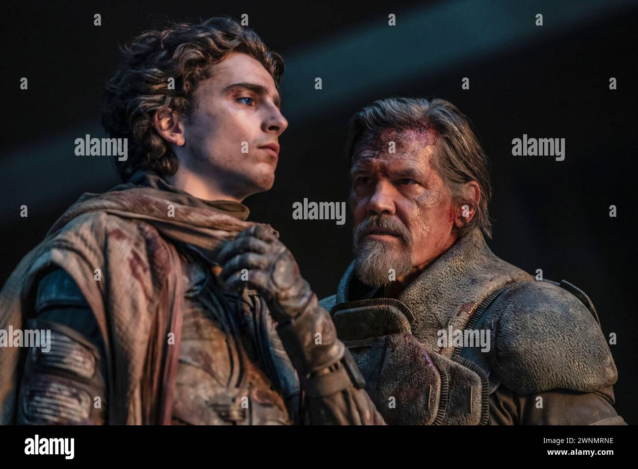 Dune: Part Two (2024) directed by Denis Villeneuve and starring Timothée Chalamet as Paul Atredies and Josh Brolin as Gurney Halleck. Part 2 of the adaptation of Frank Herbert's sci-fi masterpiece. Paul Atreides unites with Chani and the Fremen while seeking revenge against the conspirators who destroyed his family. Publicity still ***EDITORIAL USE ONLY***. Credit: BFA / Warner Bros Stock Photo