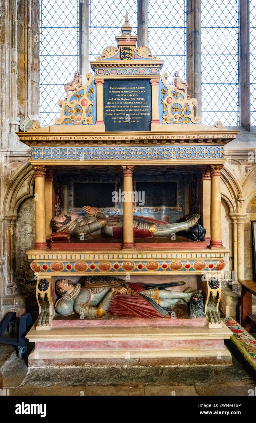 Monument with effigies in memory of Gawen and Mary Carew and their nephew, Sir Peter Carew.  Exeter Cathedral, Exeter, Devon, England, UK. Stock Photo