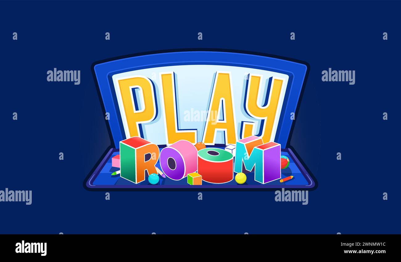 Playroom label design. Bright and creative 3D signboard for a children's game room. Vector graphics Stock Vector