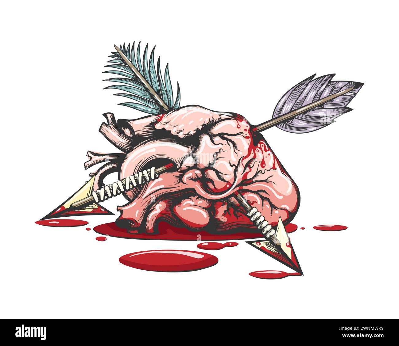 Tattoo of Bleeding Heart Pierced by Arrows on white background. Vector Illustration.No AI was used. Stock Vector
