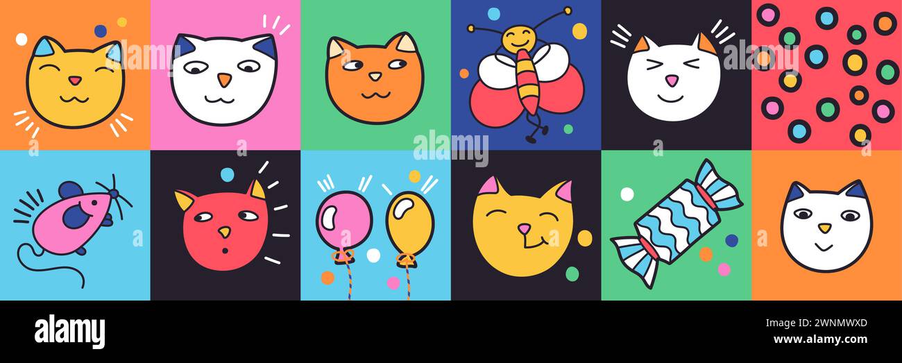 Set of cute comic characters cats and elements. Funny cartoon style. Vector graphics Stock Vector