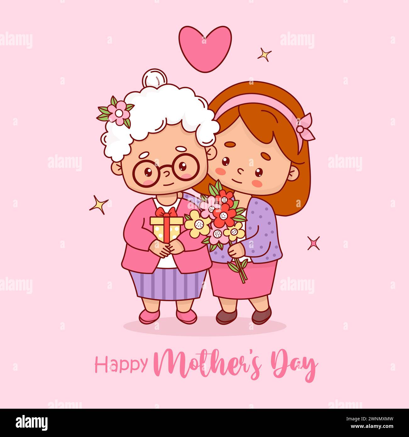 Cute festive elderly woman mother with adult daughter with bouquet of flowers and gift. Mother's Day card. Vector illustration flat cartoon style. Pos Stock Vector