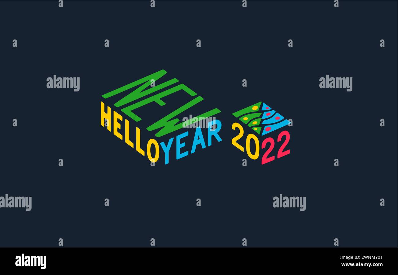 Hello New Year 2022. Trendy perspective style label. Contemporary minimalistic design for holiday promotional. Vector graphics Stock Vector