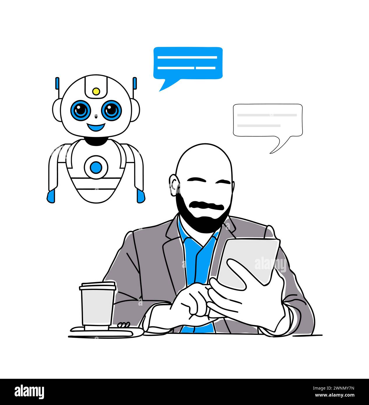 Business man chatting with chat bot outline vector Stock Vector