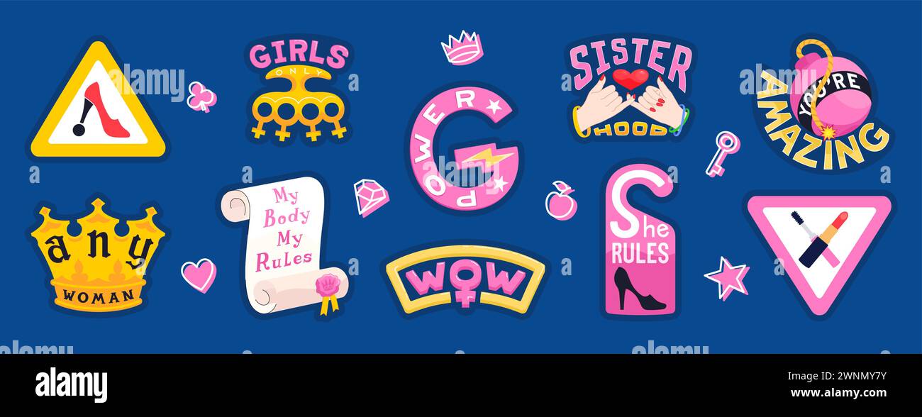 Set of positive and motivating stickers for girls in a trendy cartoon style. Collection of modern patches and stickers with phrases, words and slogans Stock Vector