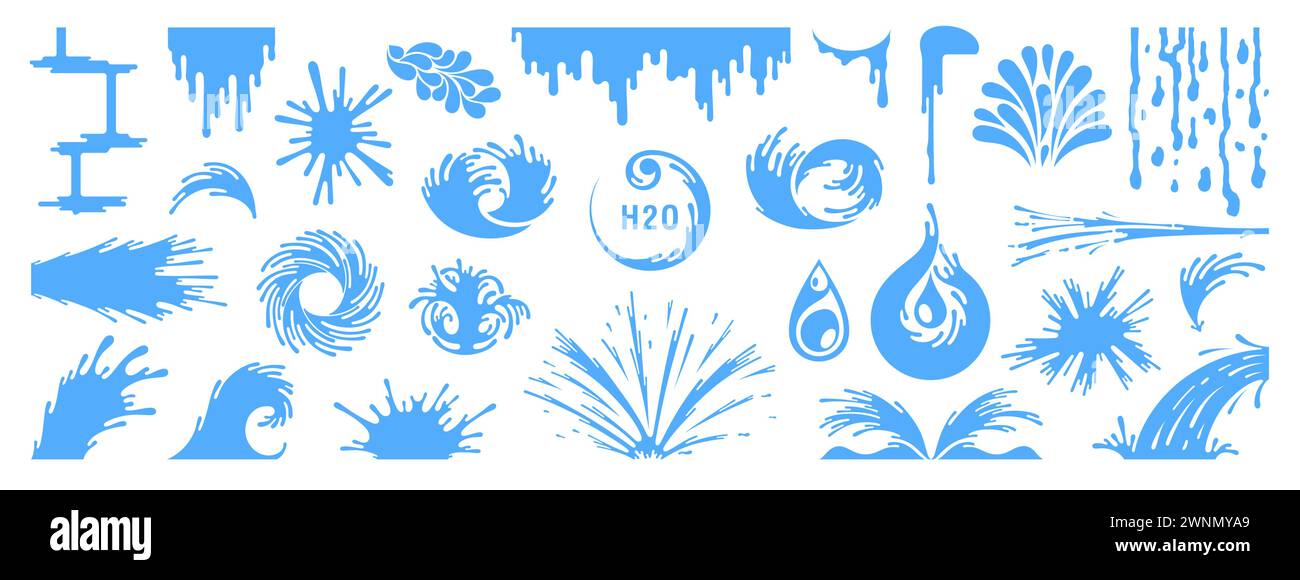 Splashes, puddles, drops, jets, waves, whirlpools and liquid streaks. Water in motion. Set of vector design elements Stock Vector