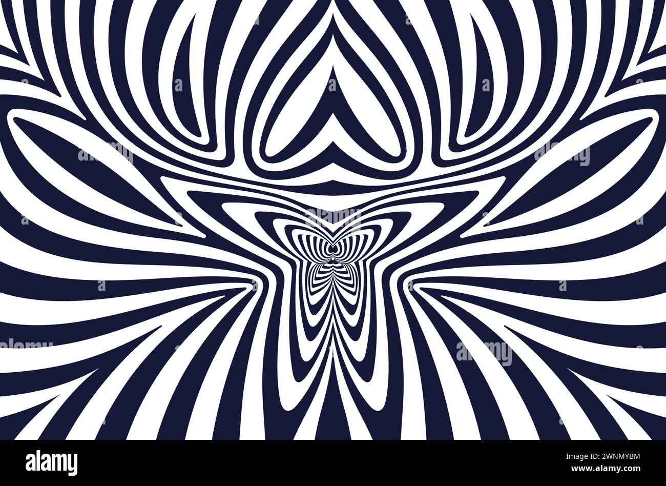 Waves radiating from the butterfly in the center. Composition of stripes with optical illusion. Op art background. Vector graphics Stock Vector
