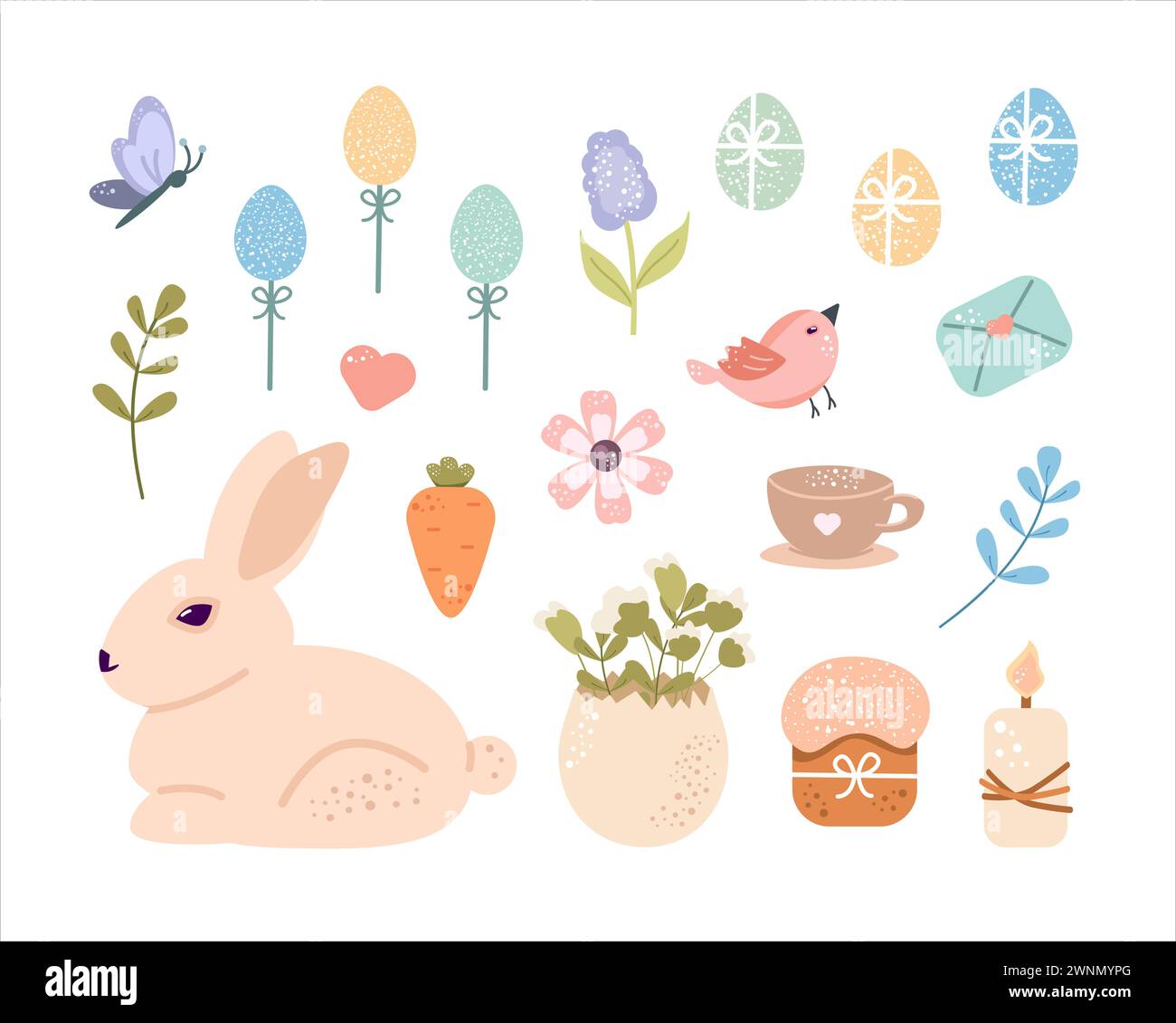 Cute set happy Easter design elements in pastel colors. Rabbit, egg ...