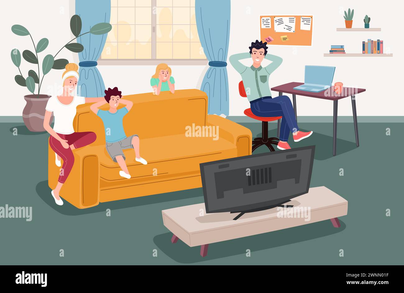 Happy family watching TV at home together. Mom, dad, son and daughter. Household family leisure. Vector Illustration Stock Vector