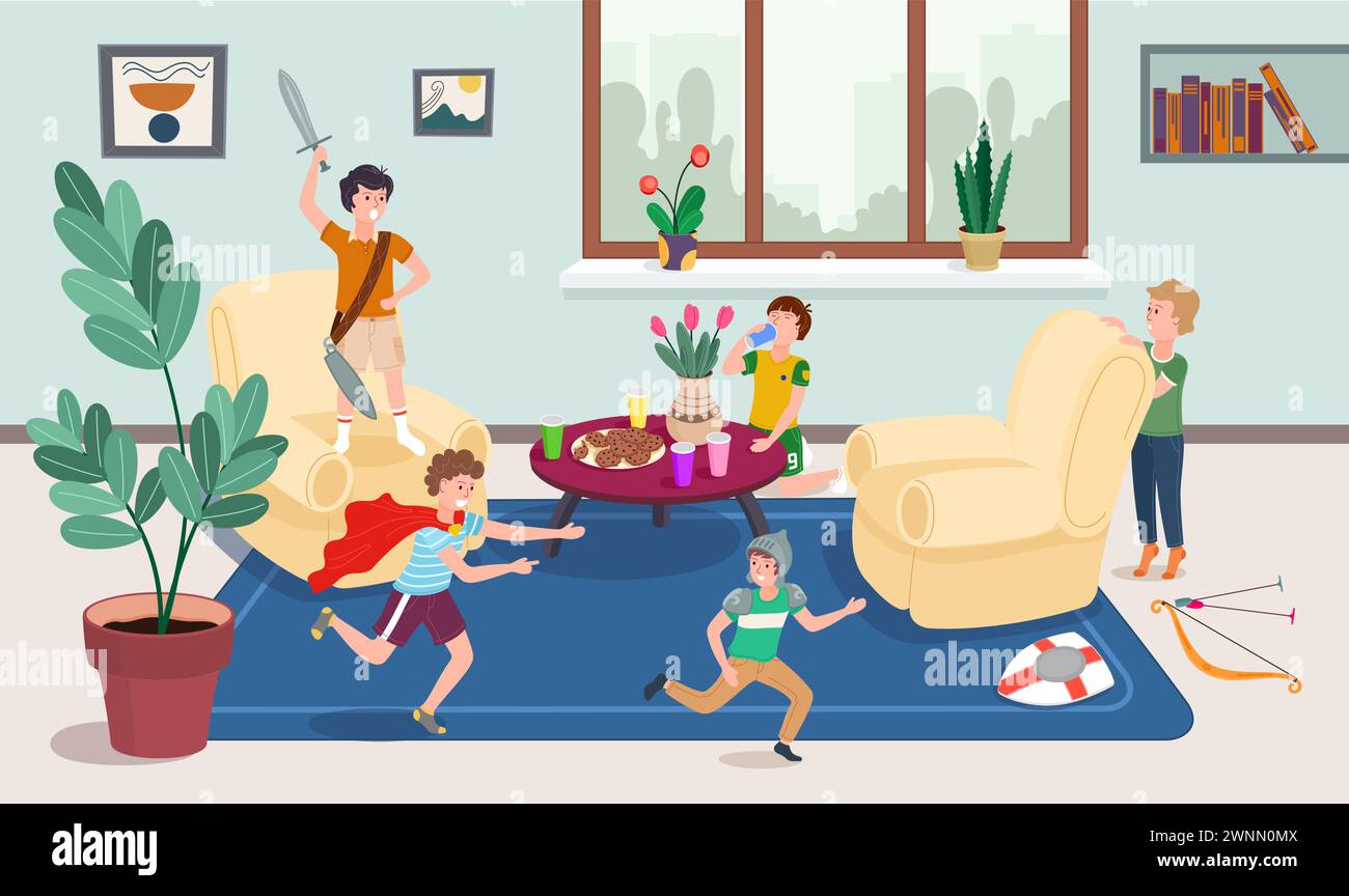 Kids play active games in the children's room. The battle of the knights. Fun with friends. Vector Illustration Stock Vector
