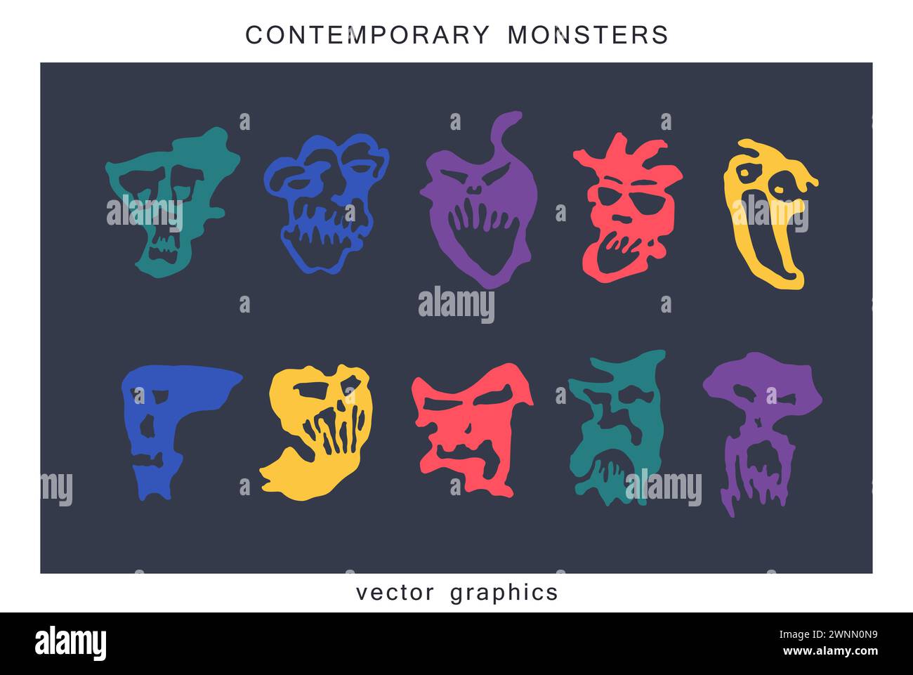 Fantastic surreal monsters set. Abstract contemporary minimalistic style. Ready design elements. Simple flat vector graphics Stock Vector
