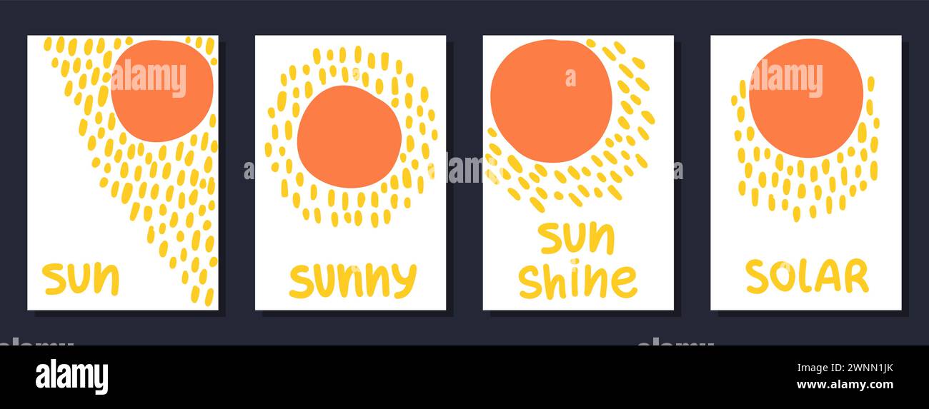 Cheerful children's drawings of the sun. Hand-drawn graphics in a minimalist style. Vector illustrations Stock Vector