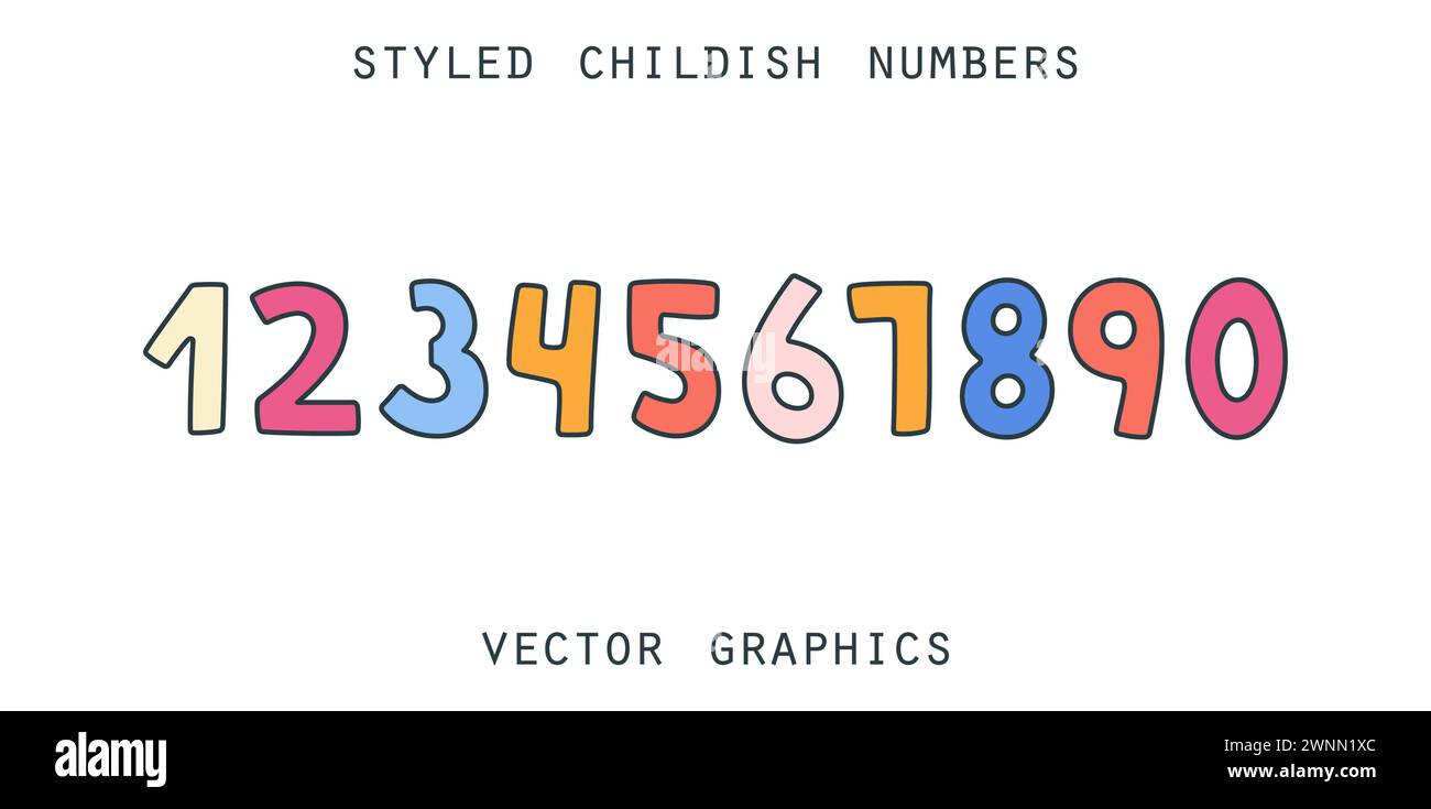 Funny colorful alphabet numbers. Styled childish design elements. Vector graphics Stock Vector