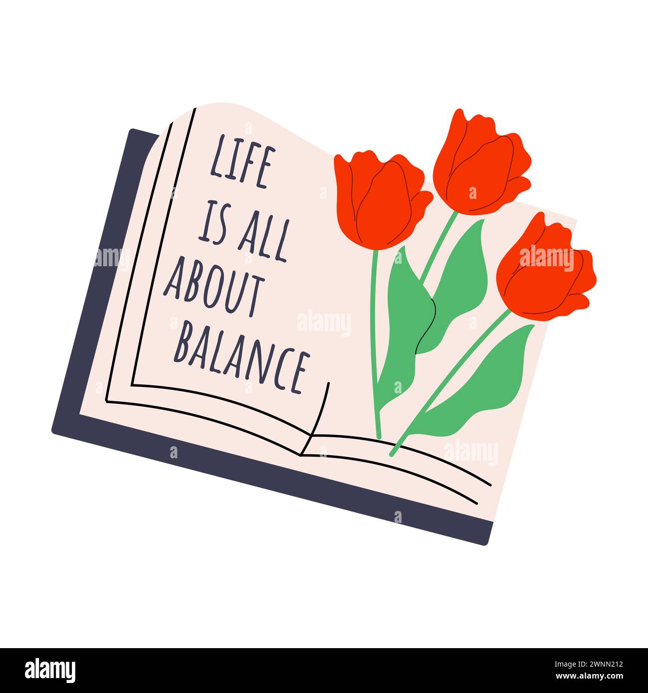 Handdrawn open book with tulips and message Love is all about balance. Vector self care concept. Stock Vector