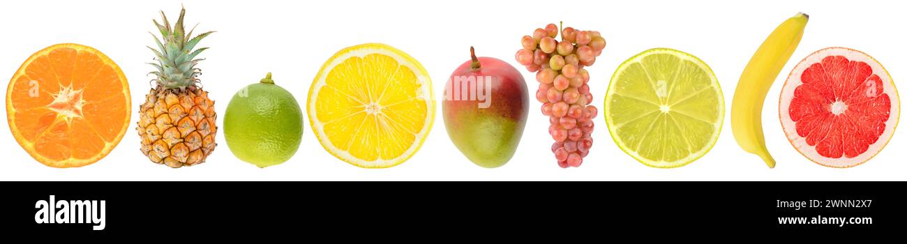Fresh tropical fruits in a row isolated on white background. Stock Photo