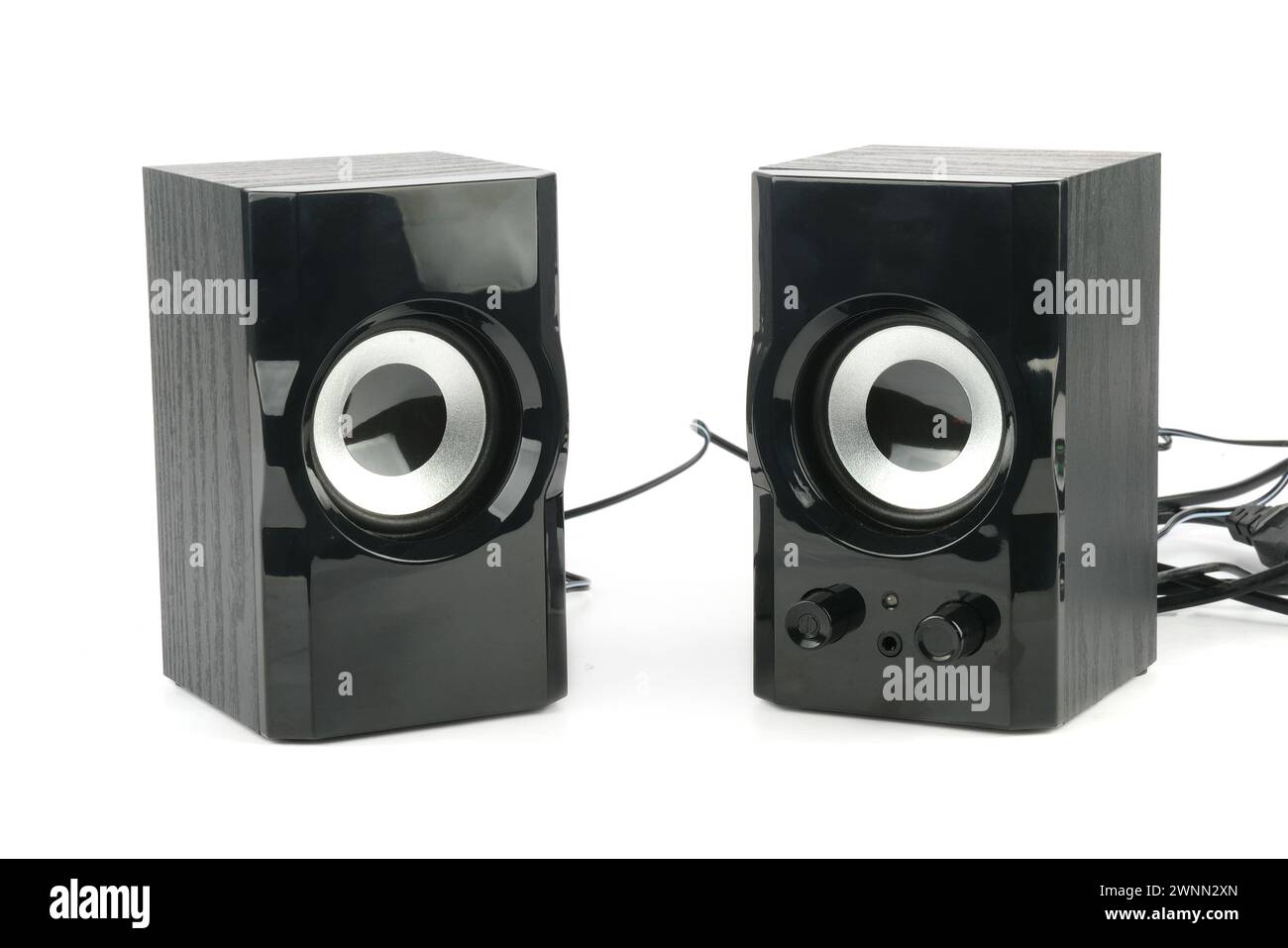 Black music speakers isolated on white background. Stock Photo