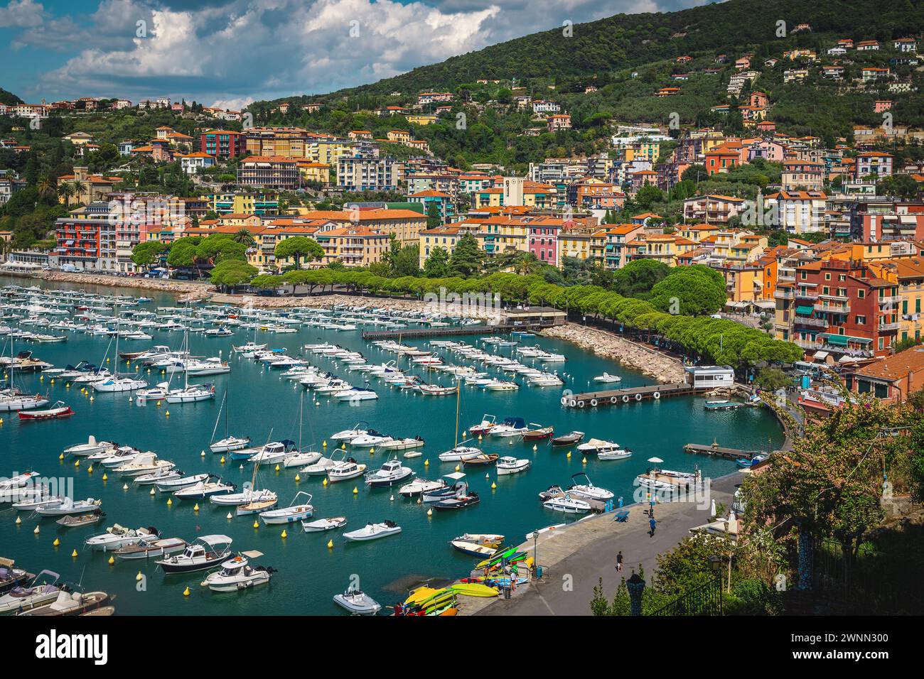 Stunning mediterranean beach resort view from the hill with harbor and seaside colorful buildings, Lerici, Liguria, Italy, Europe Stock Photo