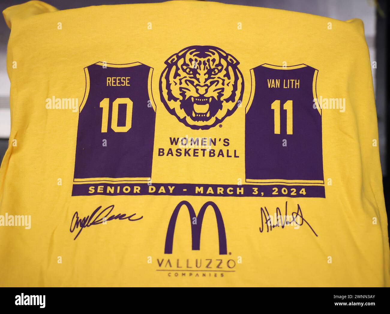 Baton Rouge, USA. 03rd Mar, 2024. A t-shirt is on display honoring both LSU Lady Tigers forward Angel Reese (10) and guard Hailey Van Lith (11) is on display prior to the start of a Southeastern Conference women's college basketball game at Pete Maravich Assembly Center in Baton Rouge, Louisiana on Sunday, March 3, 2023. (Photo by Peter G. Forest/Sipa USA) Credit: Sipa USA/Alamy Live News Stock Photo