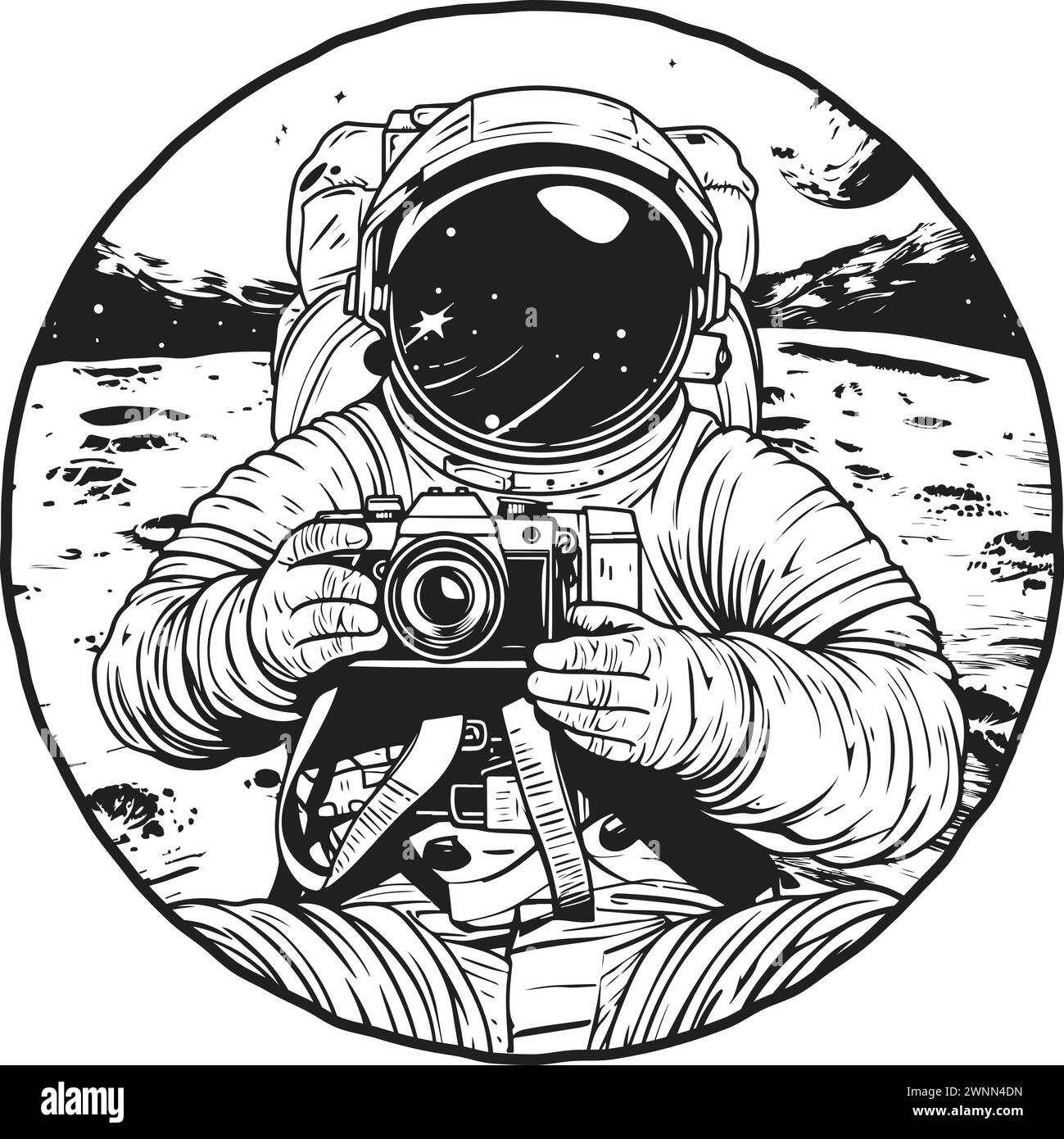 Astronaut holding a photo camera on alien planet, in style of black and white graphics. Vector illustration Stock Vector