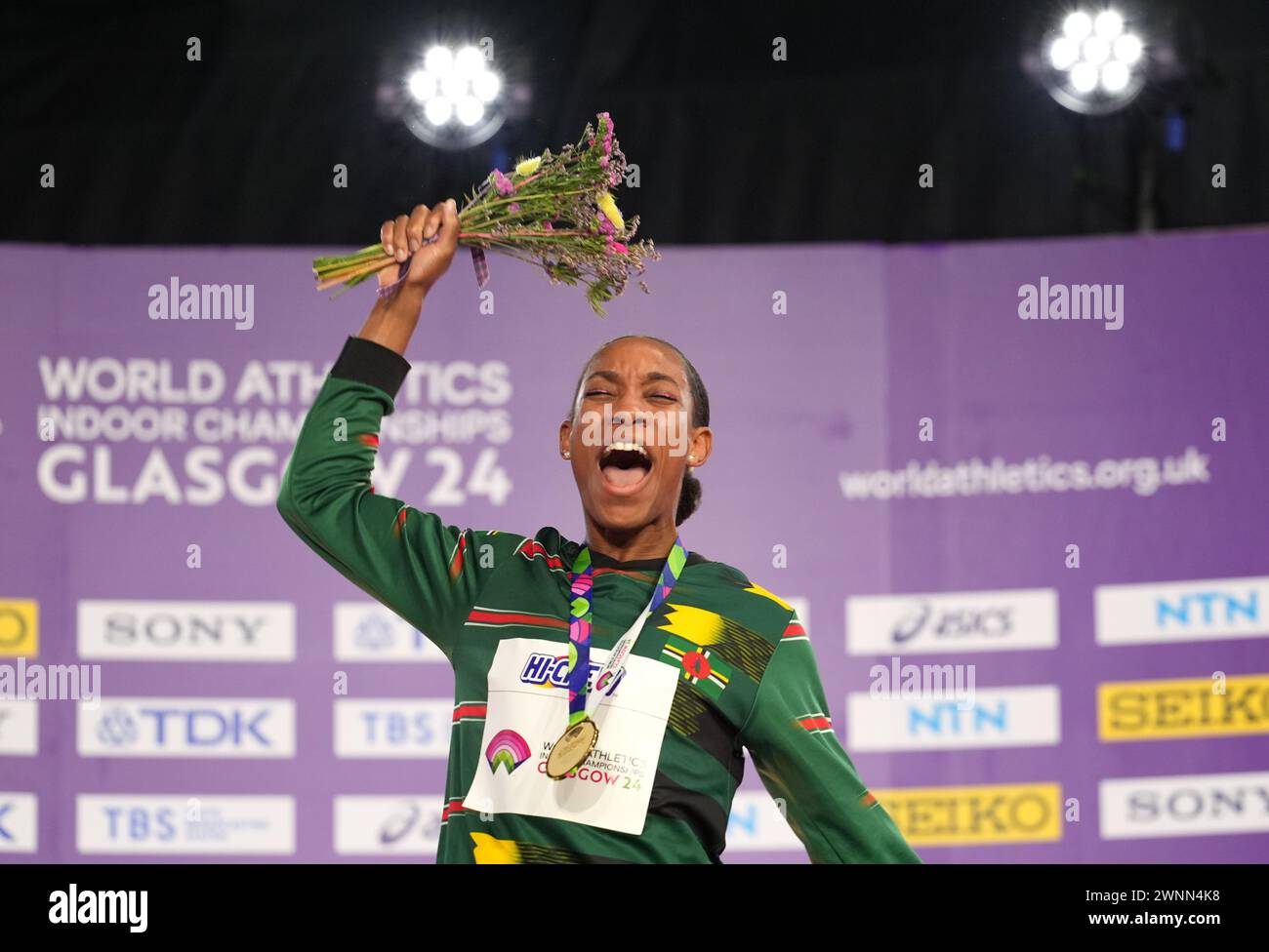 Commonwealth of Dominica's Thea LaFond celebrates gold on the podium